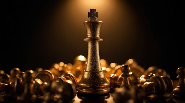 Golden king chess piece standing tall on dark background with scattered pieces