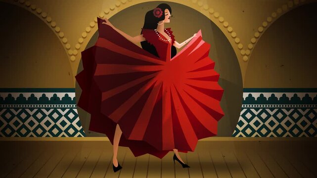 spanish flamenco dancer in red dress performing in stage