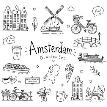 Amsterdam doodles set. Hand drawn vector doodle set on white background