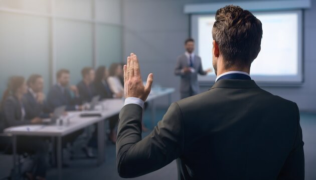 Profesional levantando la mano durante una presentaci&oacute;n empresarial en una sala de reuniones