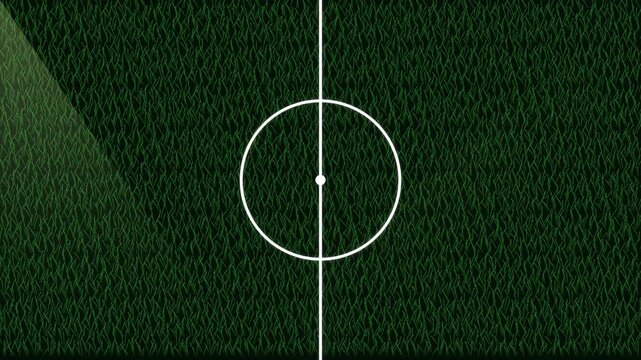 Futuristic football field turf background, animated glowing white center circle and vertical line in smooth motion, minimal graphic overlay for sports branding and tactical analysis, symbolizing