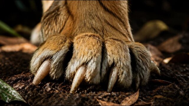 Detailed macro view of a massive tiger paw resting firmly on the damp dark forest floor with its sharp claws visible, highlighting the immense strength and dangerous beauty of this wild predator.