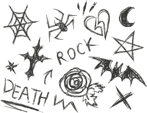 Clean, simple black lineart doodles of hearts, stars, skulls, and cats. Universal vector outline elements on a transparent background for easy editing.