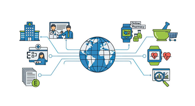 Illustration of interconnected digital health icons and global network with technology elements