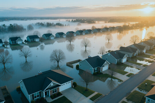 Aerial view of suburban neighborhood flooding after severe weather, surrounding homes and streets with water. Supporting climate risk, insurance claims, disaster response marketing