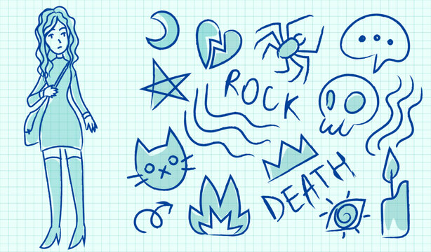 Hand-drawn blue pen doodles of an emo girl, skulls, and spiderwebs on a notebook checkered page background. School textbook sketch style with a cute goth vibe.