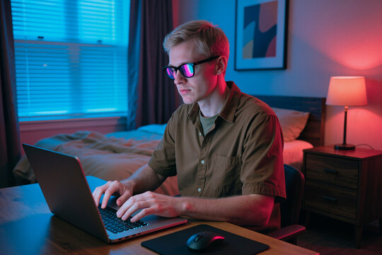 Young man wearing blue light glasses typing on laptop in home office, managing remote work and screen time. Ideal for productivity, freelance, digital lifestyle themes