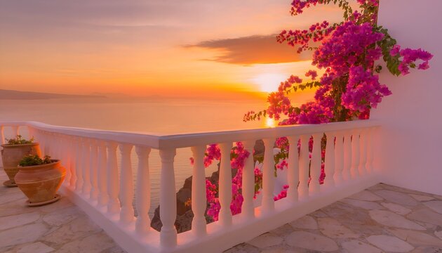 Terraza mediterr&aacute;nea con flores rosas y vistas al mar durante un atardecer c&aacute;lido