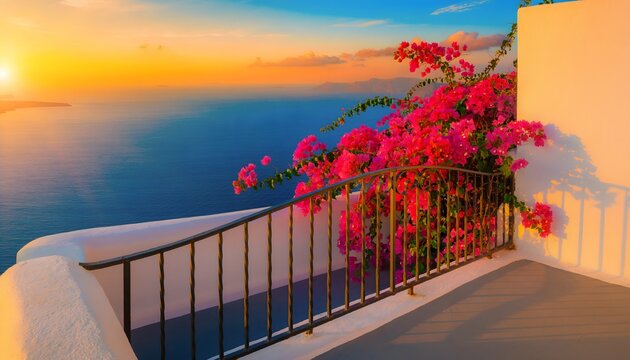 Terraza mediterr&aacute;nea con buganvillas rosas y vistas al mar al atardecer