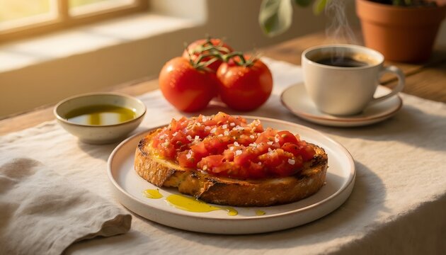 Tostada con tomate rallado y aceite de oliva servida en una mesa luminosa con ingredientes frescos