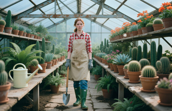 Portrait of young adult Caucasian woman standing with shovel in greenhouse, managing cactus cultivation and plant care. Ideal for gardening business, nursery marketing, horticulture
