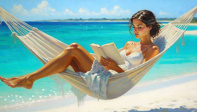 Mujer relajada leyendo un libro en una hamaca sobre playa tropical con mar turquesa