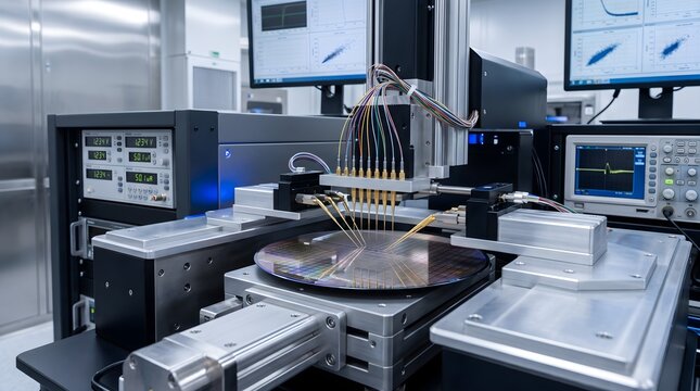 Semiconductor Wafer Probe Testing Station With Precision Probe Card Hovering Above Patterned Silicon Wafer on Rotating Chuck Surrounded by Instrumentation Cables and Aluminum Frame in Bright Cleanroom