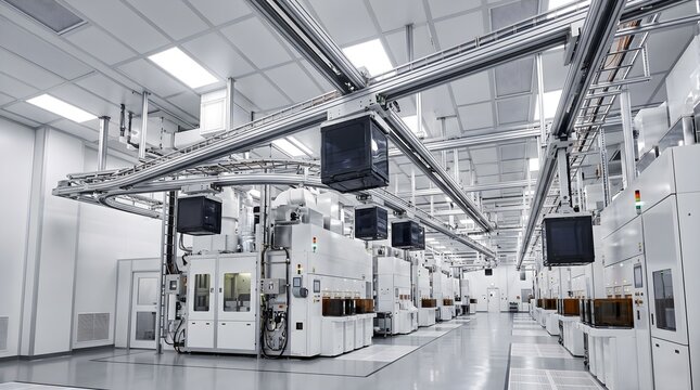 Bright Modern Semiconductor Fab Aisle With Overhead Hoist Transport System Carrying Multiple Wafer Carrier Pods Above Long Row of Production Equipment Under Industrial Ceiling Pipework