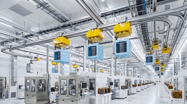 Bright Modern Semiconductor Fab Aisle With Overhead Hoist Transport System Carrying Multiple Wafer Carrier Pods Above Long Row of Production Equipment Under Industrial Ceiling Pipework