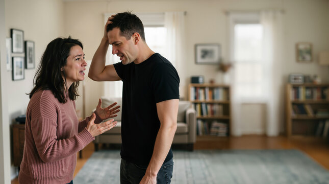 Young couple arguing in a living room. Frustrated man and angry woman having a domestic dispute. Relationship conflict and communication problems. Copy space for text