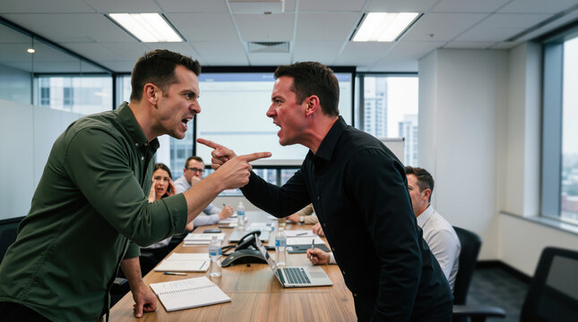 Two businessmen arguing and shouting in a conference room. Angry male colleagues pointing fingers during a heated meeting. Workplace conflict and corporate tension concept