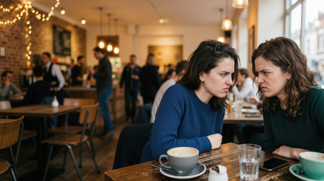 Two friends arguing in a cafe. Angry young women having a serious disagreement at a coffee shop table. Conflict and relationship problems concept. Copy space on left