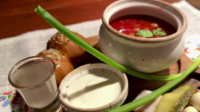 Overhead borscht bowl with pampushki tray cozy restaurant plating on embroidered linen wooden tray holding deep red beetroot soup