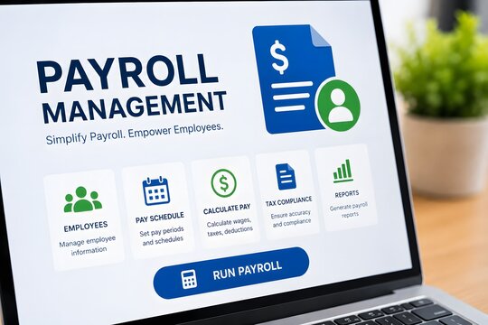 Payroll management software on a laptop screen for the concept of business financial accounting.
