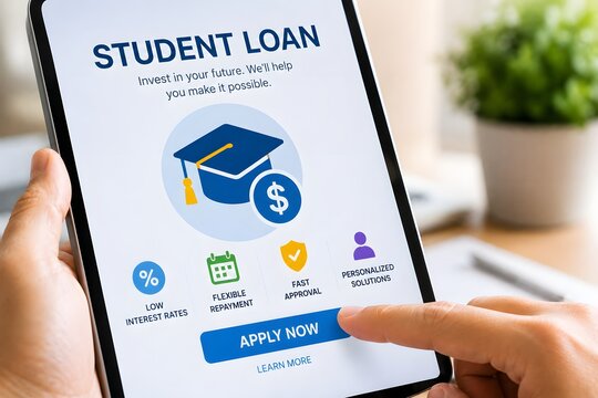 A hand touching a tablet screen showing a student loan application interface with icons for flexible repayment and fast approval, symbolizing financial aid and education investment.