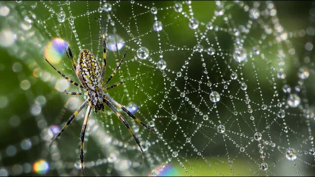 A detailed yellow and black orb weaver spider rests gracefully on its delicate web adorned with shimmering crystal water droplets in nature, capturing the vibrant essence of wildlife.