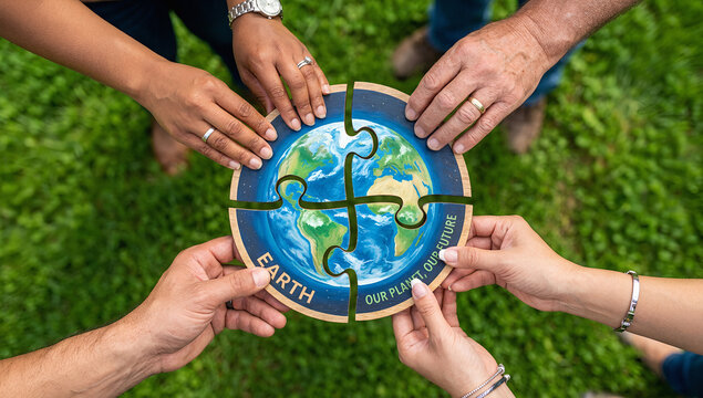 Group of people holding puzzle pieces of world globe. Ecological community initiative for environmental protection. Symbol of global cooperation and sustainability for Earth day.