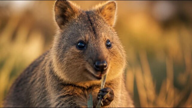 A close up of a quokka nibbling on a green leaf its whiskers twitching gently as it smiles at the camera in the warm golden light of an australian sunset on rottnest island.