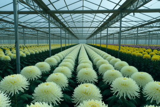 Wide angle view of chrysanthemum crop growing in greenhouse rows, supporting commercial floriculture production and controlled agriculture. Ideal for farming, supply chain, horticulture marketing