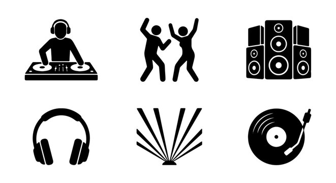 Set of dj and party icons, including dj playing music, dancing people, speakers, headphones, light effects, and vinyl record