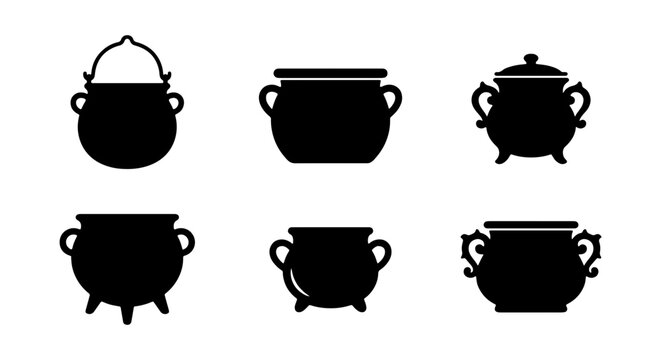 Set of black silhouettes of different cooking pots, cauldrons and kitchenware
