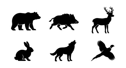 Obraz premium Set of wild forest animals silhouettes, bear, boar, deer, rabbit, wolf and pheasant