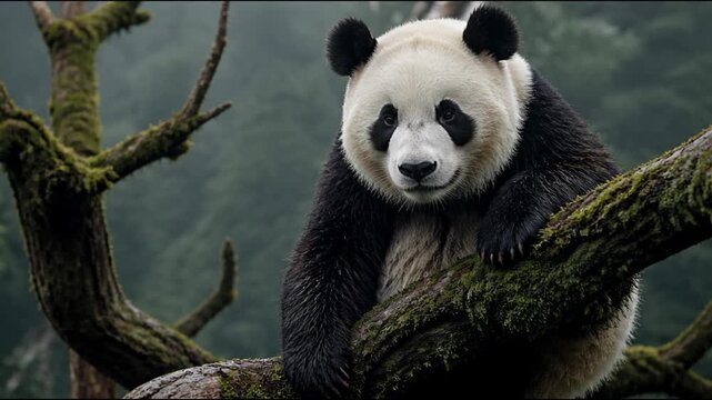 A giant panda rests calmly on a moss covered tree branch with its thick fur gently ruffled by the breeze, showcasing the peaceful life of these creatures in the wild.