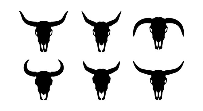 Set of bull skulls silhouettes, vector illustration of steer heads with different horn shapes, wild west and farm animal symbols