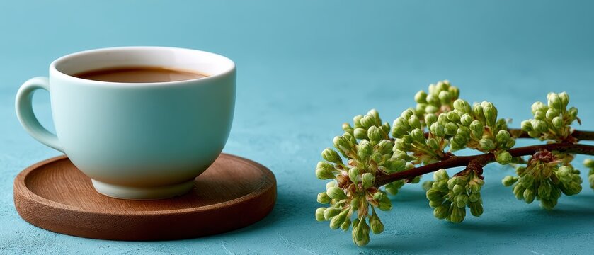spring coffee scene on pale mint paper with white ceramic cup and small wooden coaster