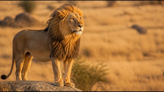 A majestic lion stands stoically on a rocky outcrop as its thick mane ripples in the breeze, capturing the regal essence and raw power of the king of the African savanna at golden hour.