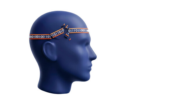 Broken binary code around head. Digital mind error concept.