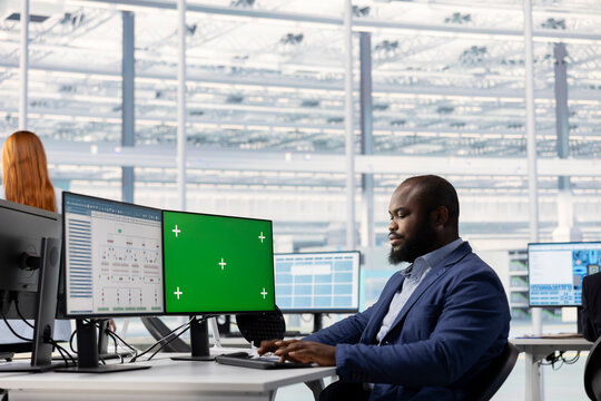 Green screen computer used by African American man evaluating PCB system architecture in RD office, Employee looking at EDA program interface on mockup PC, doing microelectronics design automation.