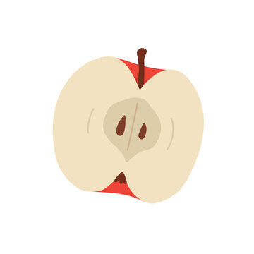 Flat vector illustration of sliced red apple with seeds and soft colours. Cute healthy food clipart isolated on light background for children and educational design.
