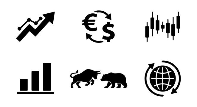 Financial market icons growth chart, currency exchange, candlestick chart, bar graph, bull and bear, global market