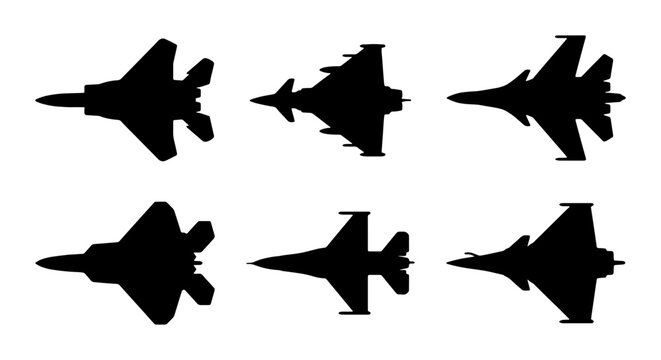 Set of silhouettes of modern military fighter jets