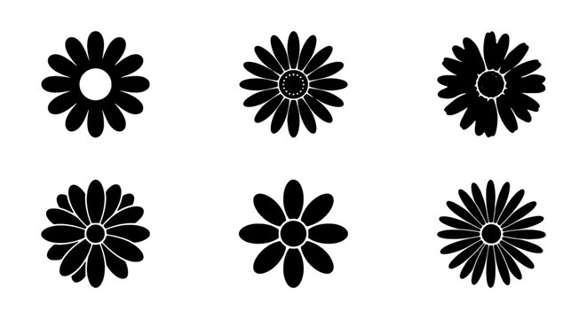 Set of black flower icons, daisy silhouettes, floral design elements, vector illustration