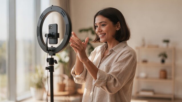 Happy Young Female Influencer Recording Social Media Content with Smartphone and Ring Light at Home