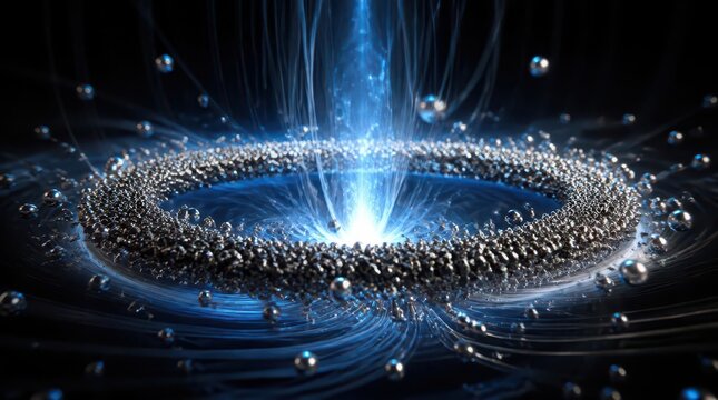A cinematic magnetic vortex featuring silver metallic spheres orbiting a bright central light source, creating an abstract and futuristic space composition with high energy and motion effect.