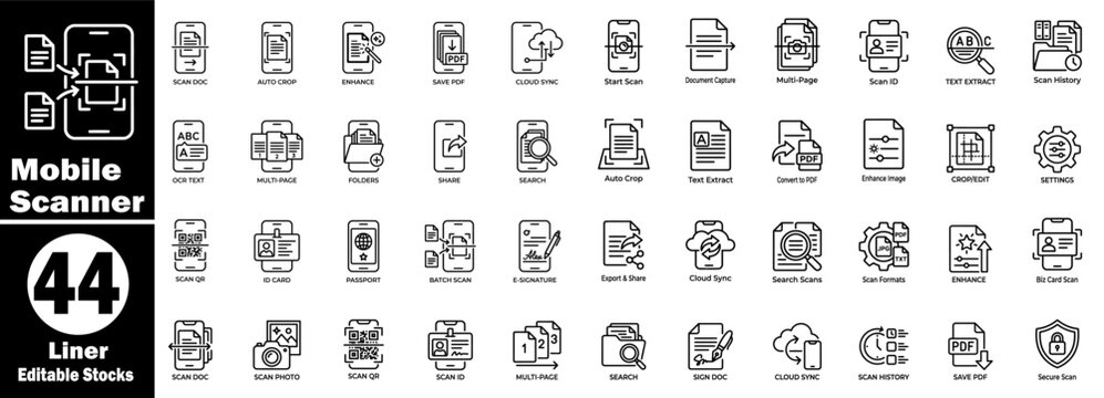 Mobile scanner application linear icons set for document scanning pdf generation, file management, and text recognition.