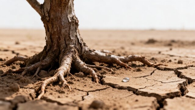 Tree with exposed roots in dry cracked soil