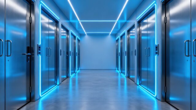 Long corridor with blue neon lights