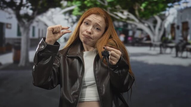 Redhead woman pinching fingers to show a tiny car key while holding a key fob in front of her on a street plaza with trees and benches; uncertainty.