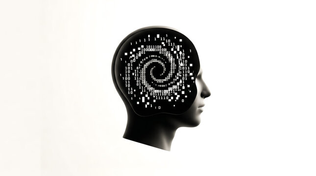 Digital brain in head profile. Data spiral and thinking concept.