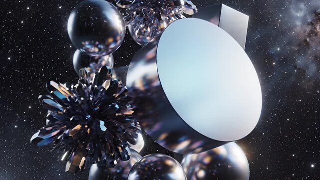 Abstract 3D render of geometric shapes and spheres in deep space.
